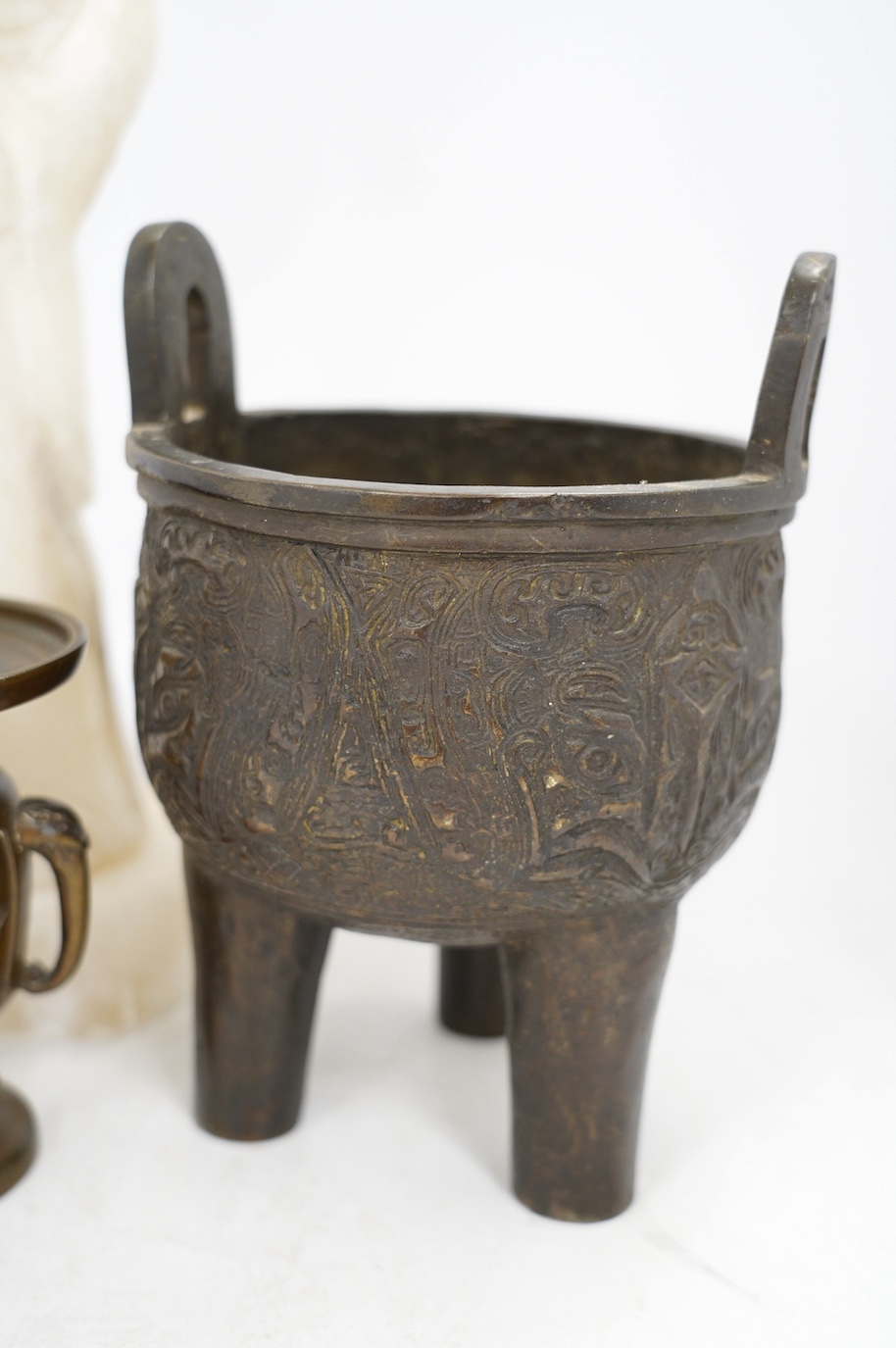 A Chinese alabaster carved model of an elder, a Chinese bronze tripod censer and a Japanese bronze vase, tallest 45cm. Condition - fair